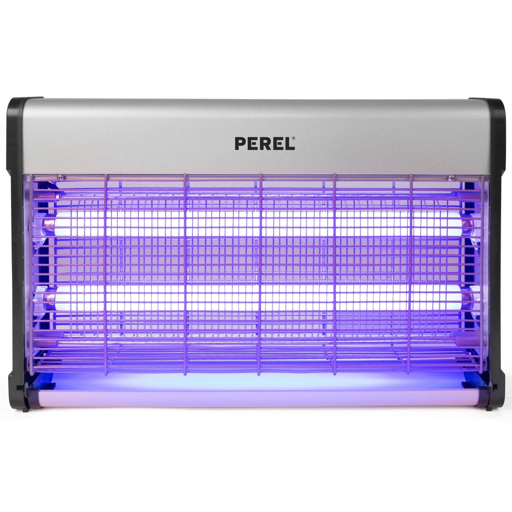 Ein Insektenvernichter mit silbernem Rahmen strahlt purpurnes Licht aus und ist darauf ausgelegt, Insekten anzulocken und zu eliminieren.