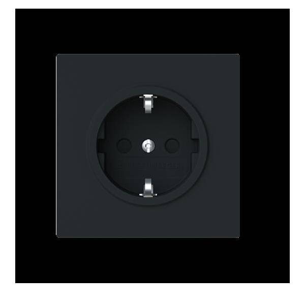 Eine schwarze elektrische Steckdose mit einer kreisförmigen Öffnung, die zentriert in einem quadratischen Rahmen liegt, von vorne betrachtet.