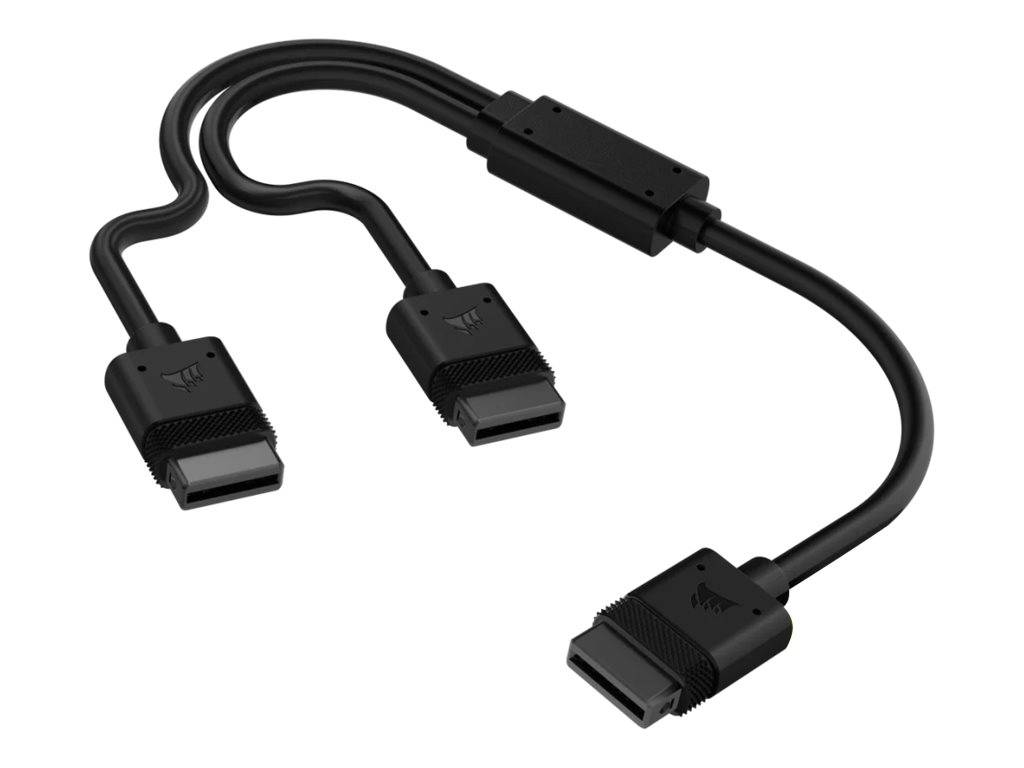 Schwarzes HDMI-Y-Splitter-Kabel mit einem HDMI-Stecker, der mit zwei HDMI-Buchsen auf weißem Hintergrund verbunden ist.
