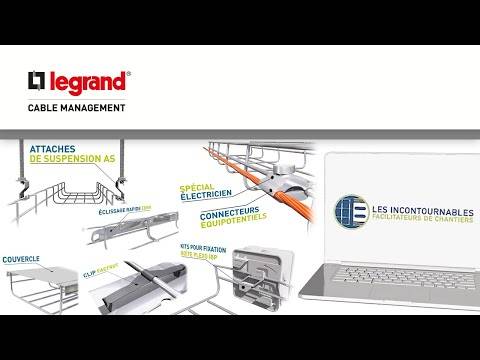 Legrand-Grafik zur Kabelverwaltung, die Decken-Kabelrinnen, Verbindungsstücke, Halterungen und einen Laptop zeigt, mit Beschriftungen, die benutzerfreundliche Installationsfunktionen für Elektriker hervorheben.