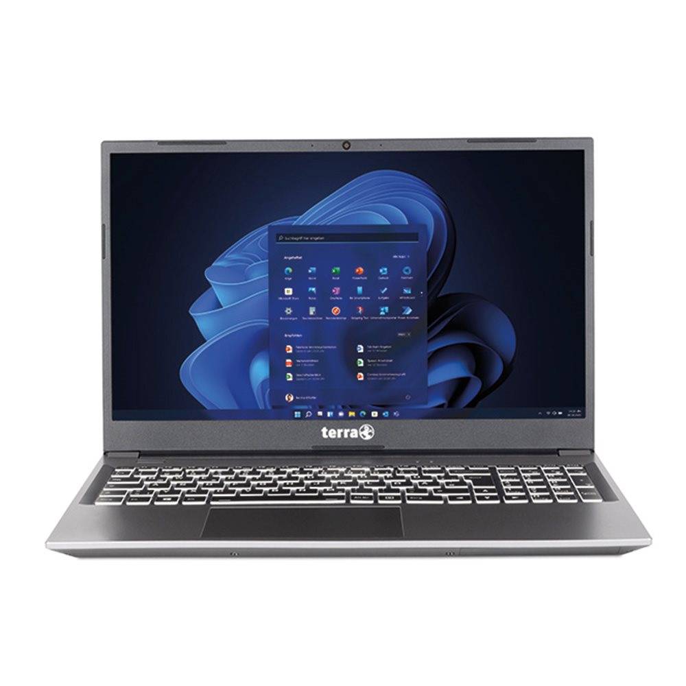 Ein Laptop mit einer modernen Betriebssystemoberfläche, die auf seinem Bildschirm angezeigt wird und Anwendungssymbole sowie einen digitalen Hintergrund zeigt.
