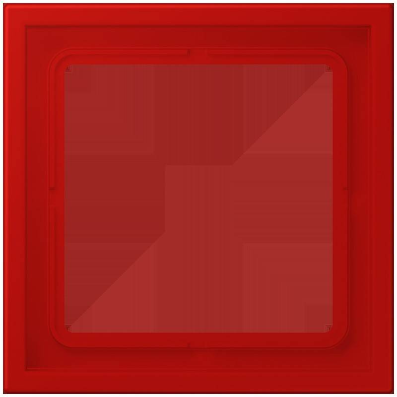 Ein rotes, quadratisches, leicht transparentes Glaspaneel mit Rand, möglicherweise eine dekorative oder funktionale Komponente.