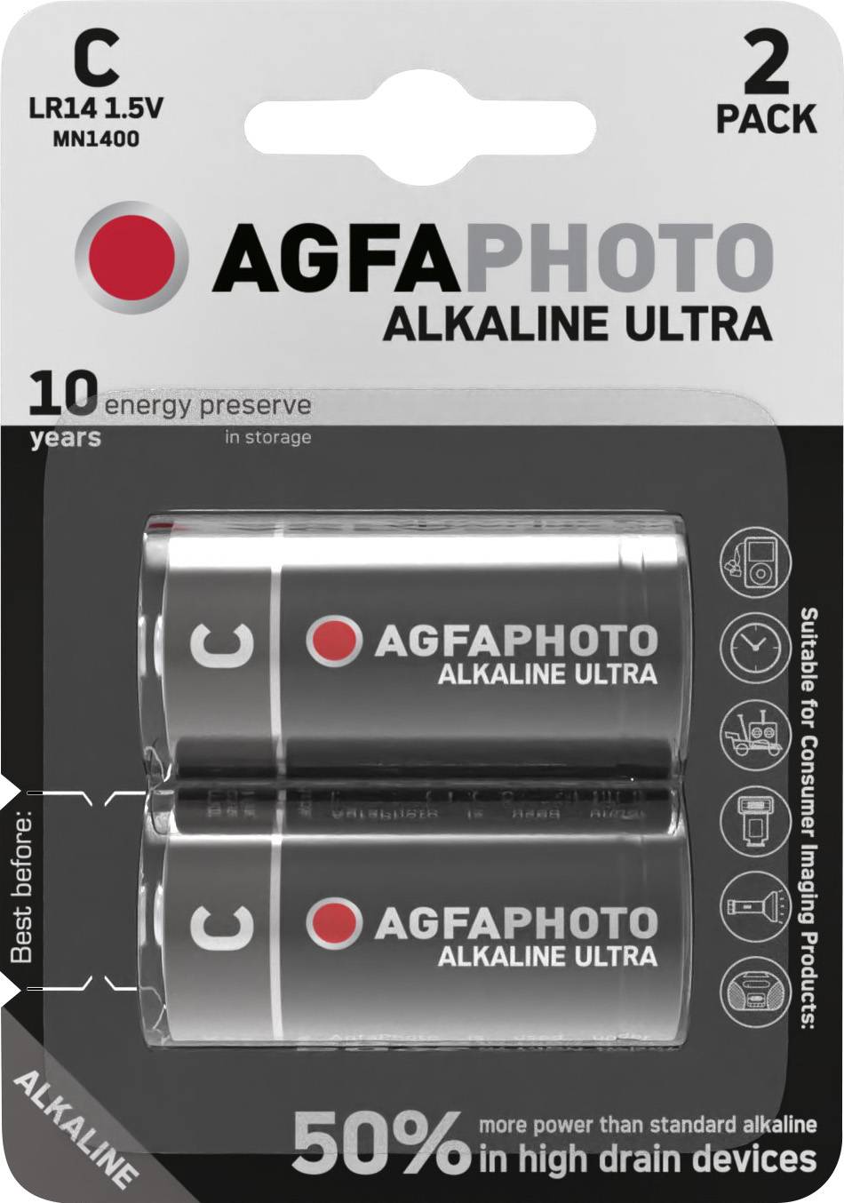 AGFAPHOTO Alkaline Ultra LR14 1,5V Batterie 2er-Pack, gezeigt in Blisterverpackung, mit 10 Jahren Lagerfähigkeit und 50% mehr Leistung für Hochstrom-Geräte.