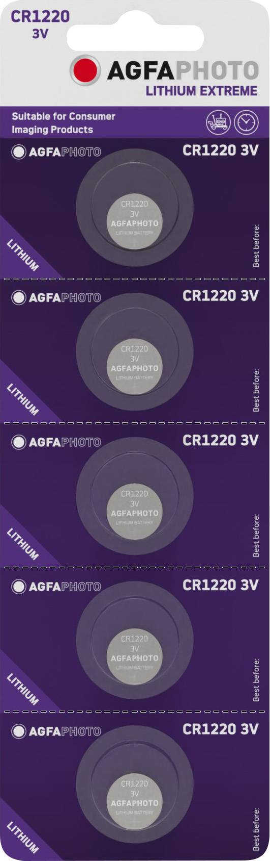 AGFAPHOTO CR1220 3V Lithium-Knopfzellenbatterie-Verpackung in Violett, dargestellt als vertikaler Stapel mehrerer Blisterpackungen.