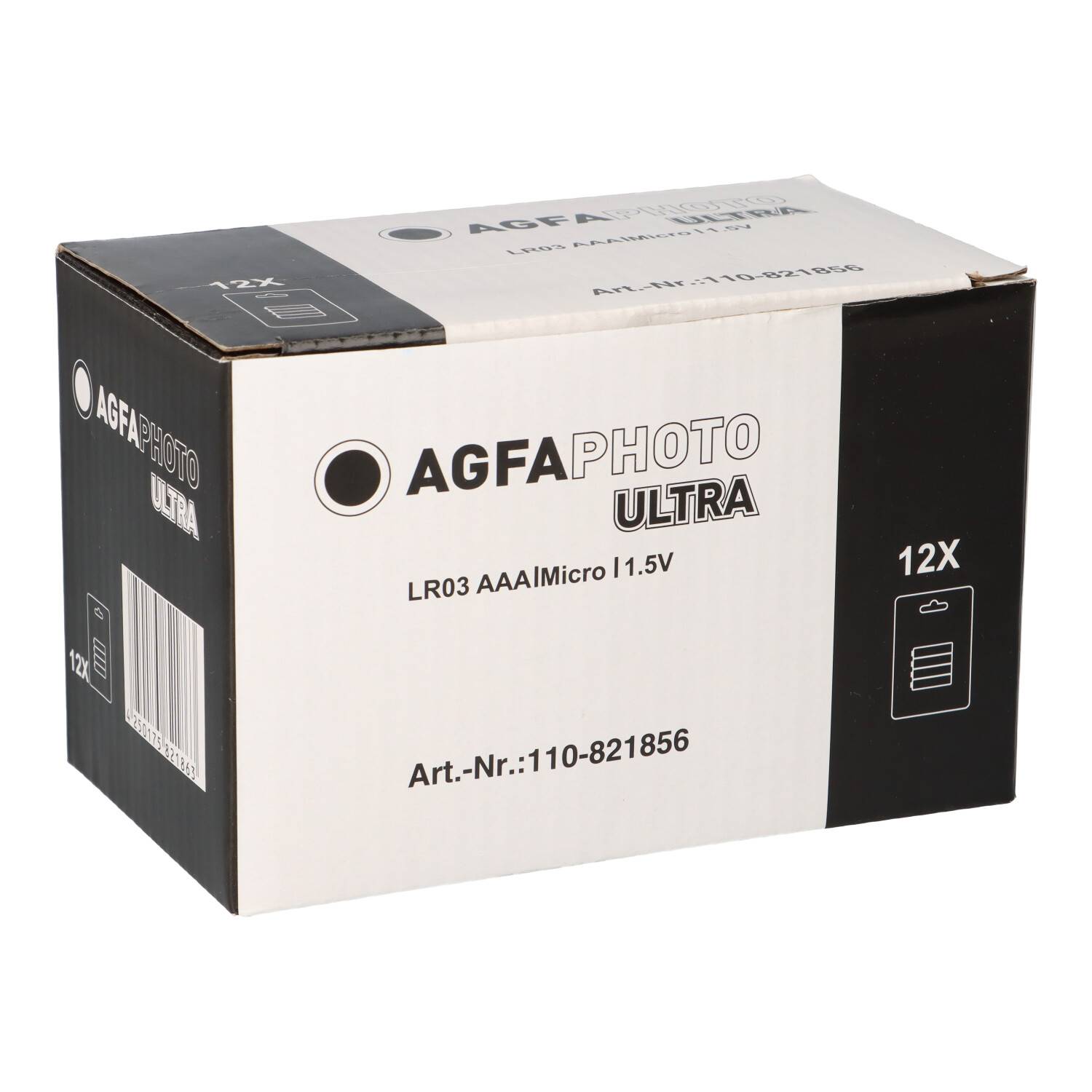 AGFAPHOTO ULTRA AAA Micro 1,5V Batteriepack, 12er Pack, abgebildet in schwarz-weißer Einzelhandelsverpackung.