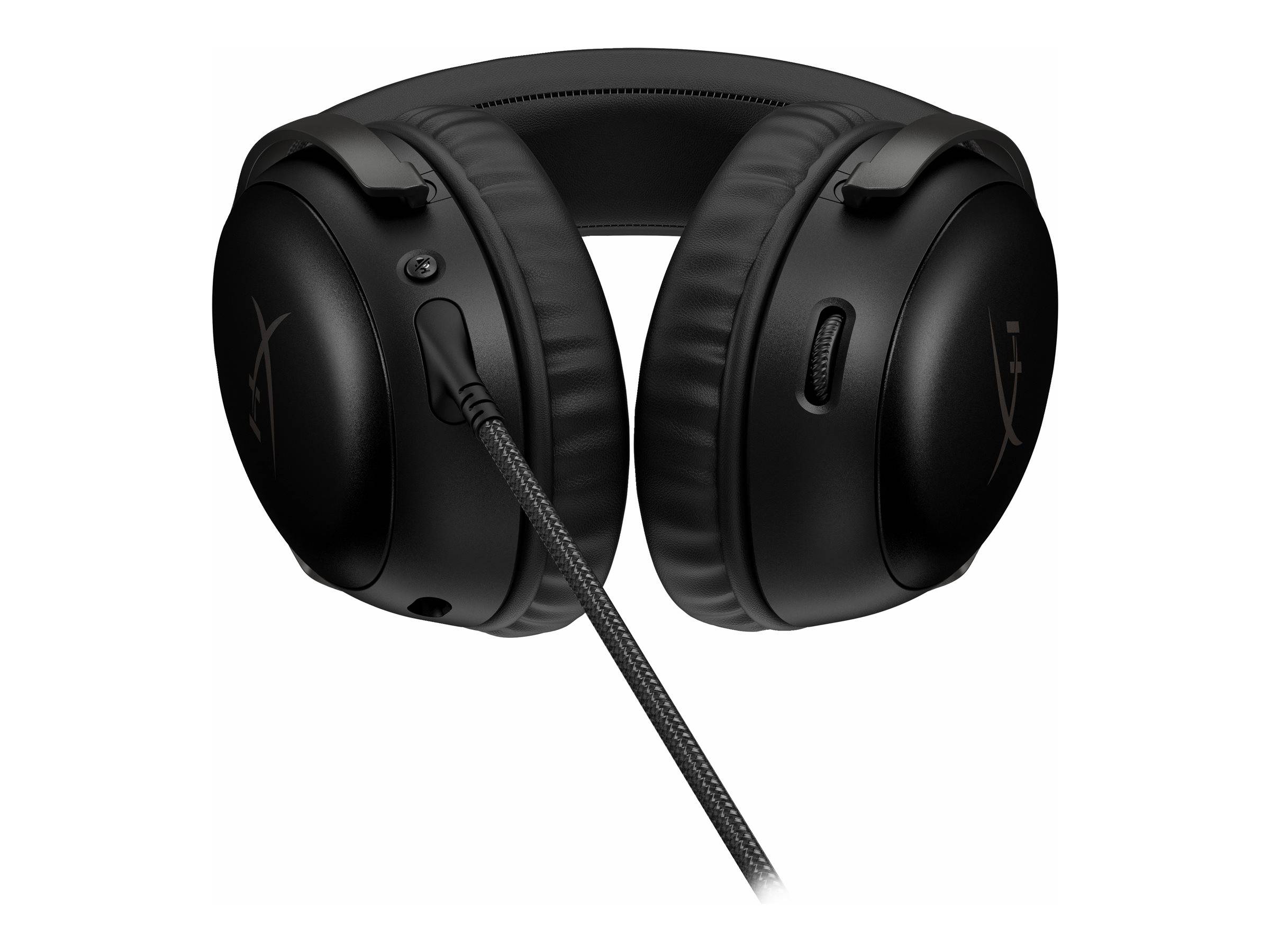 Schwarze Over-Ear-Kopfhörer mit Kabel, gepolsterten Ohrmuscheln und geflochtener Kabelführung auf weißem Hintergrund.