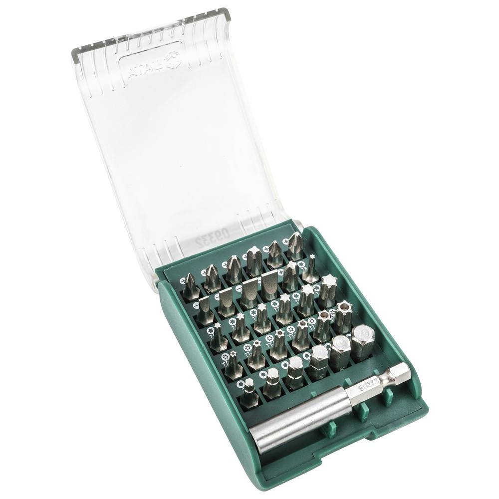 Satz verschiedener Schrauberbits in einem grünen Kunststoffkoffer mit transparentem Deckel, einschließlich Stern-, Sechskant- und Schlitzformen.