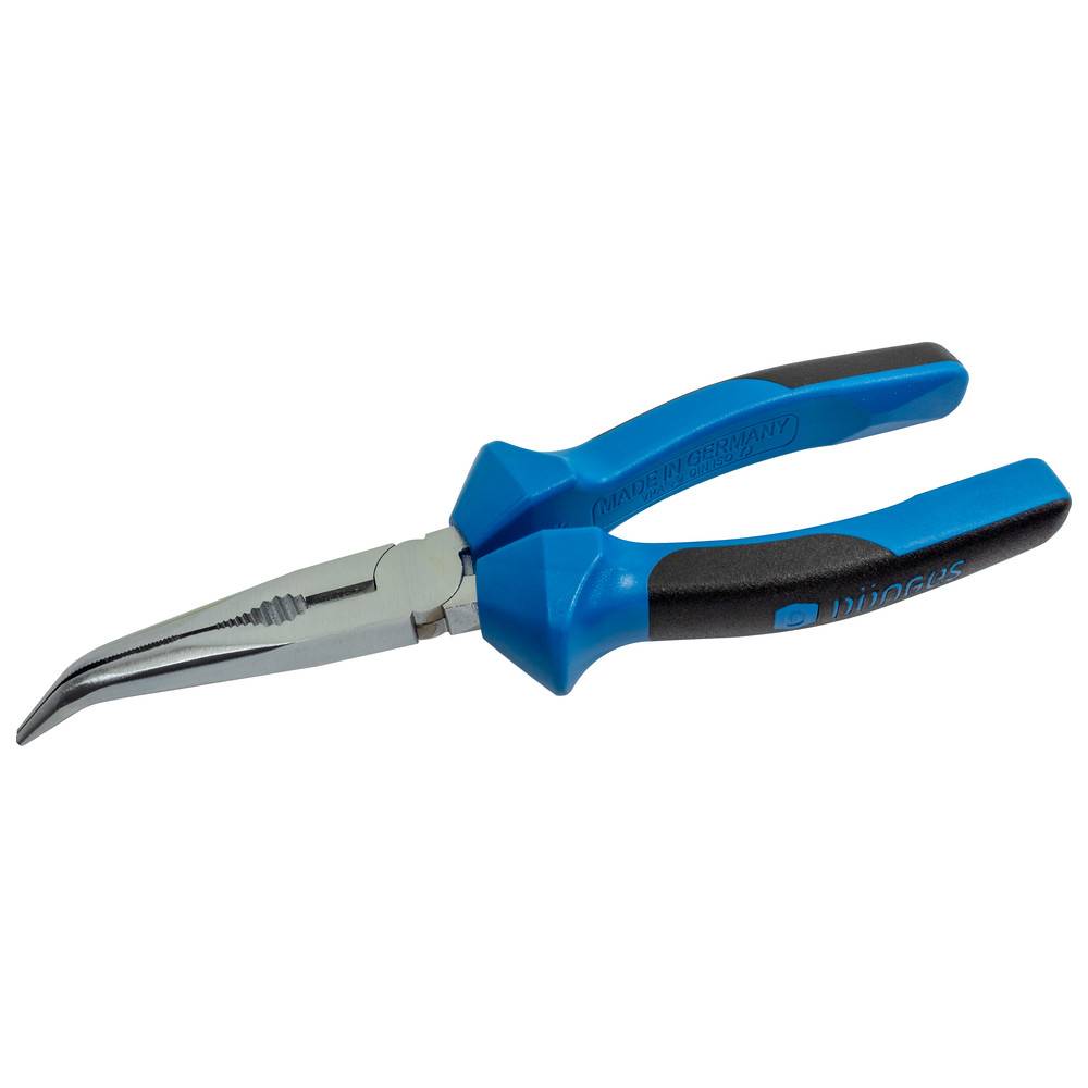 Gebogene Nadelnasenzange mit blauen und schwarzen ergonomischen Griffen, entwickelt für Präzisionsarbeiten in beengten Räumen.