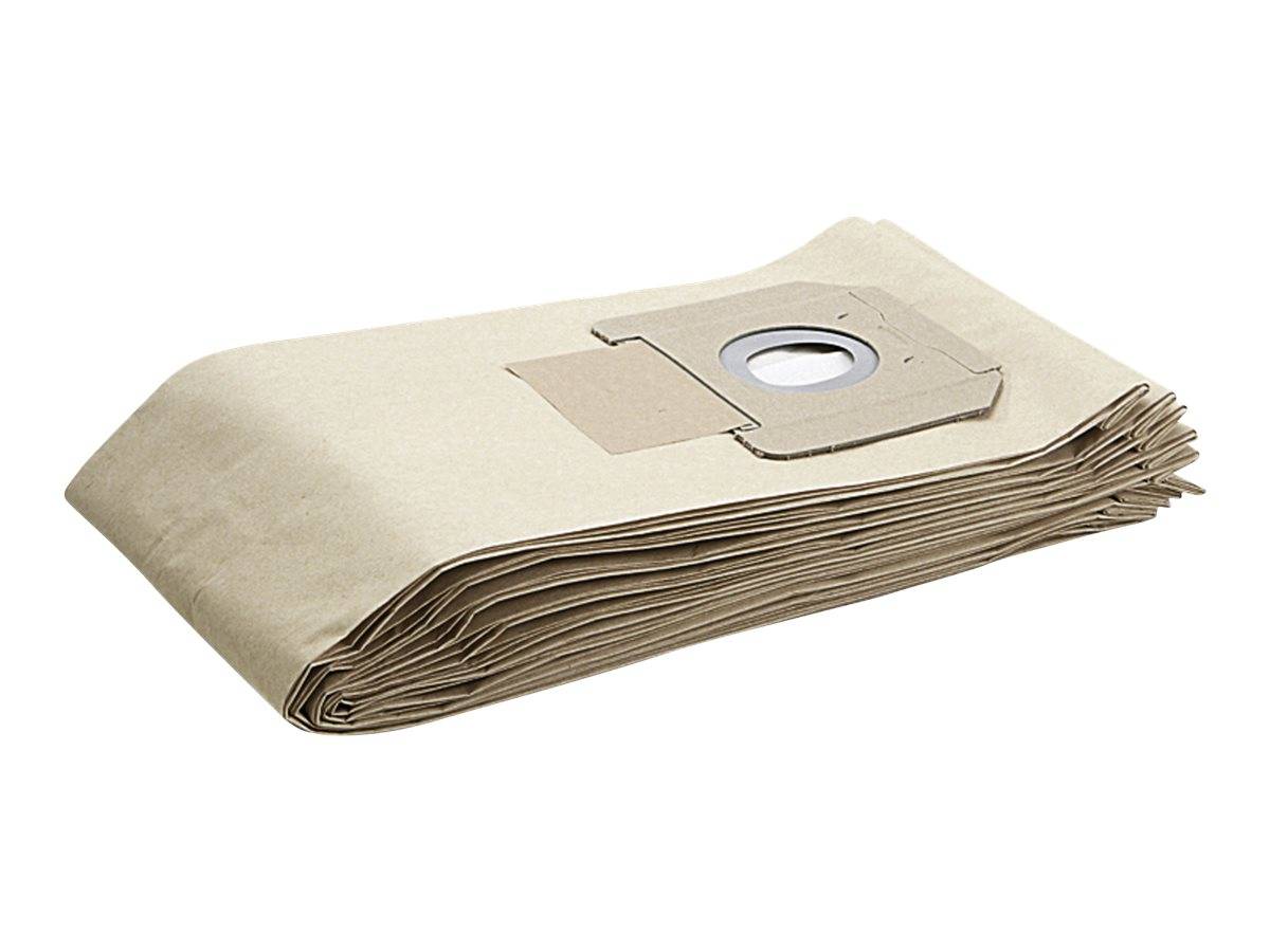 Gefaltete beige Staubsaugerbeutel mit einer runden Kartonverbindungsöffnung auf weißem Hintergrund.