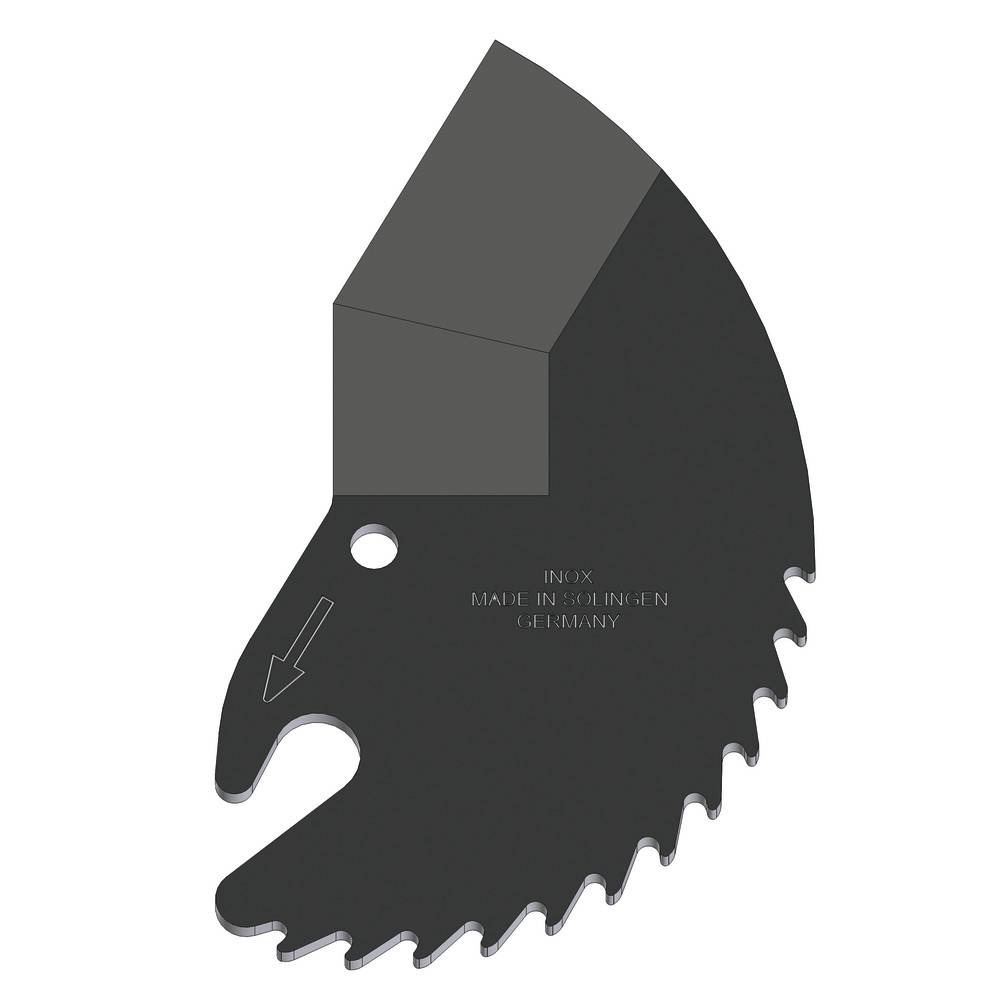 Dreieckige Stahlschneidevorrichtung mit gezackter Kante und Befestigungsloch, mit der Aufschrift 'INOX Hergestellt in Solingen Deutschland.