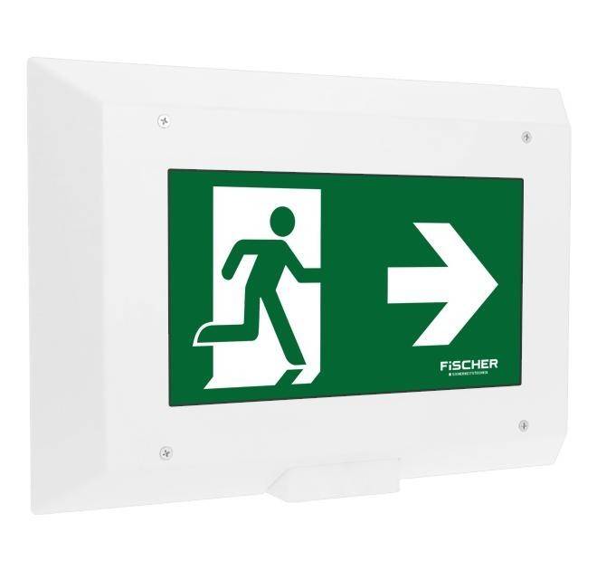 Notausgang-Schild mit einer weißen Figur, die durch eine Tür läuft, und einem nach rechts weisenden Pfeil auf grünem Hintergrund.