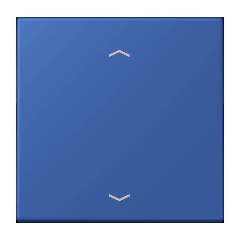 Eine blaue quadratische Oberfläche mit einem Pfeil nach oben und unten, die wie ein Knopf oder Schalter aussieht.