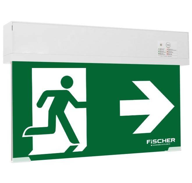 Notausgangsschild mit einer laufenden Figur und einem nach rechts weisenden Pfeil auf grünem Hintergrund, der die Richtung zum Ausgang anzeigt.