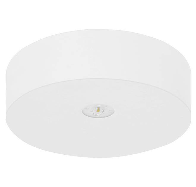 Eine runde, weiße Deckenleuchte mit einer glatten, flachen Oberfläche und einer LED-Lampe in der Mitte.