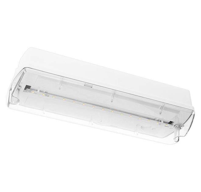 Ein weißes, rechteckiges LED-Notlicht mit transparenter Abdeckung, konzipiert für Decken- oder Wandmontage und zur Beleuchtung während Stromausfällen.