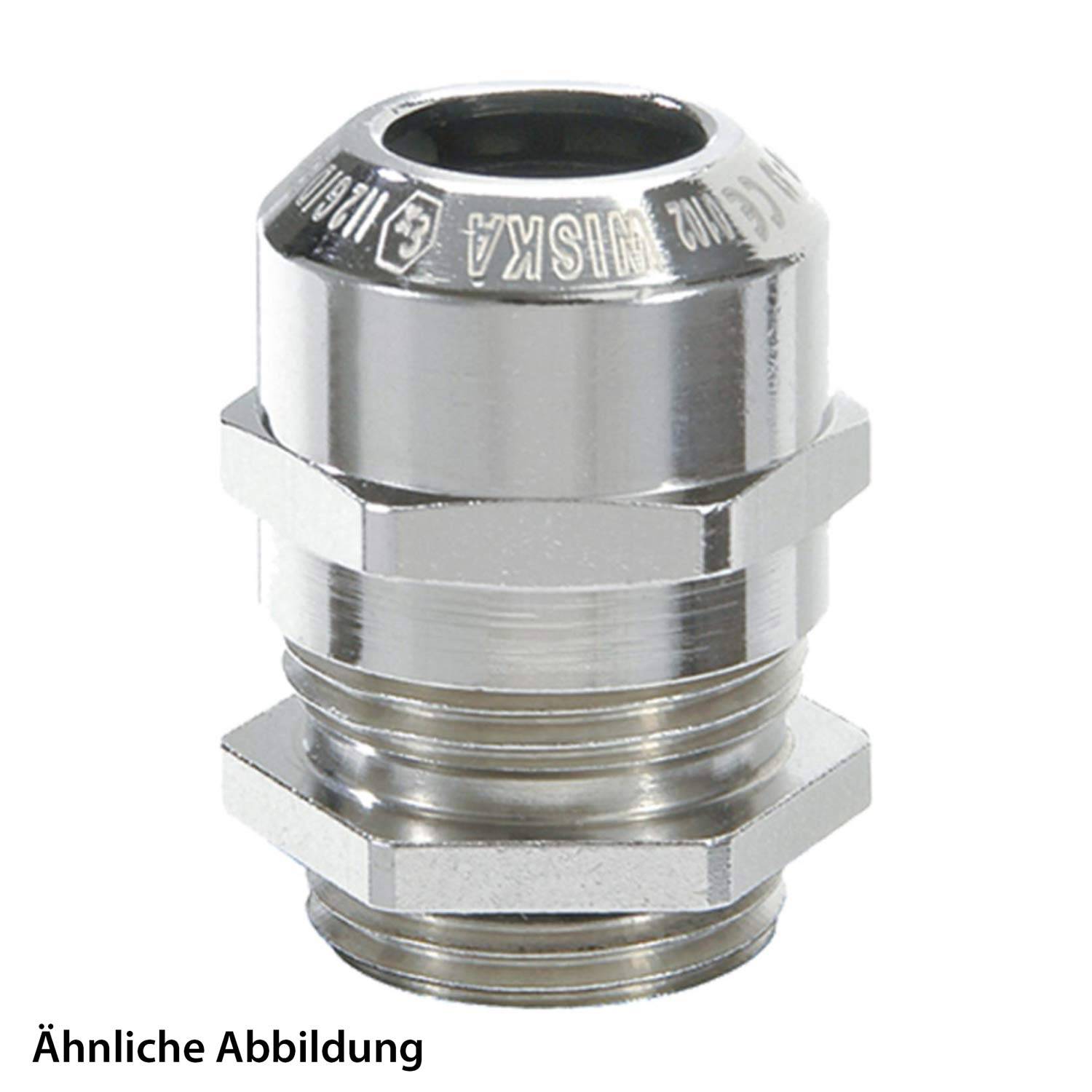 Ein metallischer Kabelverschraubung-Stecker, der auf weißem Hintergrund gezeigt wird, wird zum Sichern, Schützen und Abdichten von Kabeln in elektrischen Installationen verwendet.
