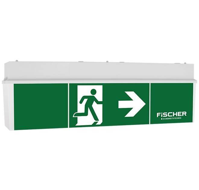 Fluchtweg-Schild mit Piktogramm einer laufenden Person und einem nach rechts weisenden Pfeil, der die Richtung des Notausgangs anzeigt. Markenname 'Fischer' ist sichtbar.