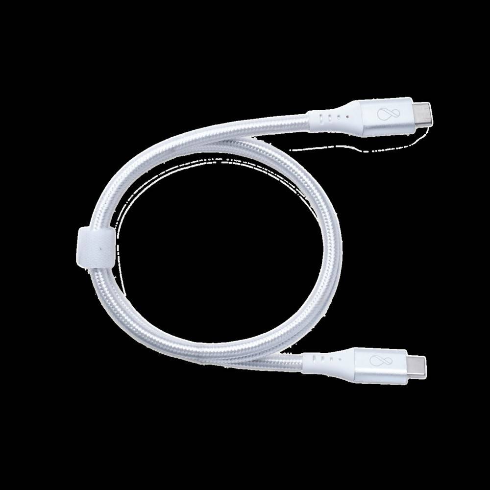 Ein weißes geflochtenes USB-C zu USB-C Kabel mit Anschlüssen, die ein Unendlichkeitssymbol-Symbol aufweisen.