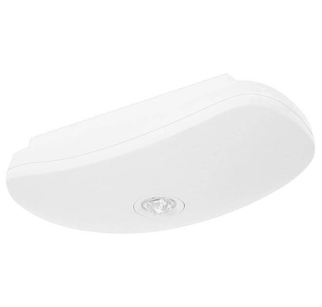 Eine weiße, rechteckige LED-Leuchte mit geschwungener Gestaltung, die eine zentrale Lampe aufweist und an der Decke montiert ist.