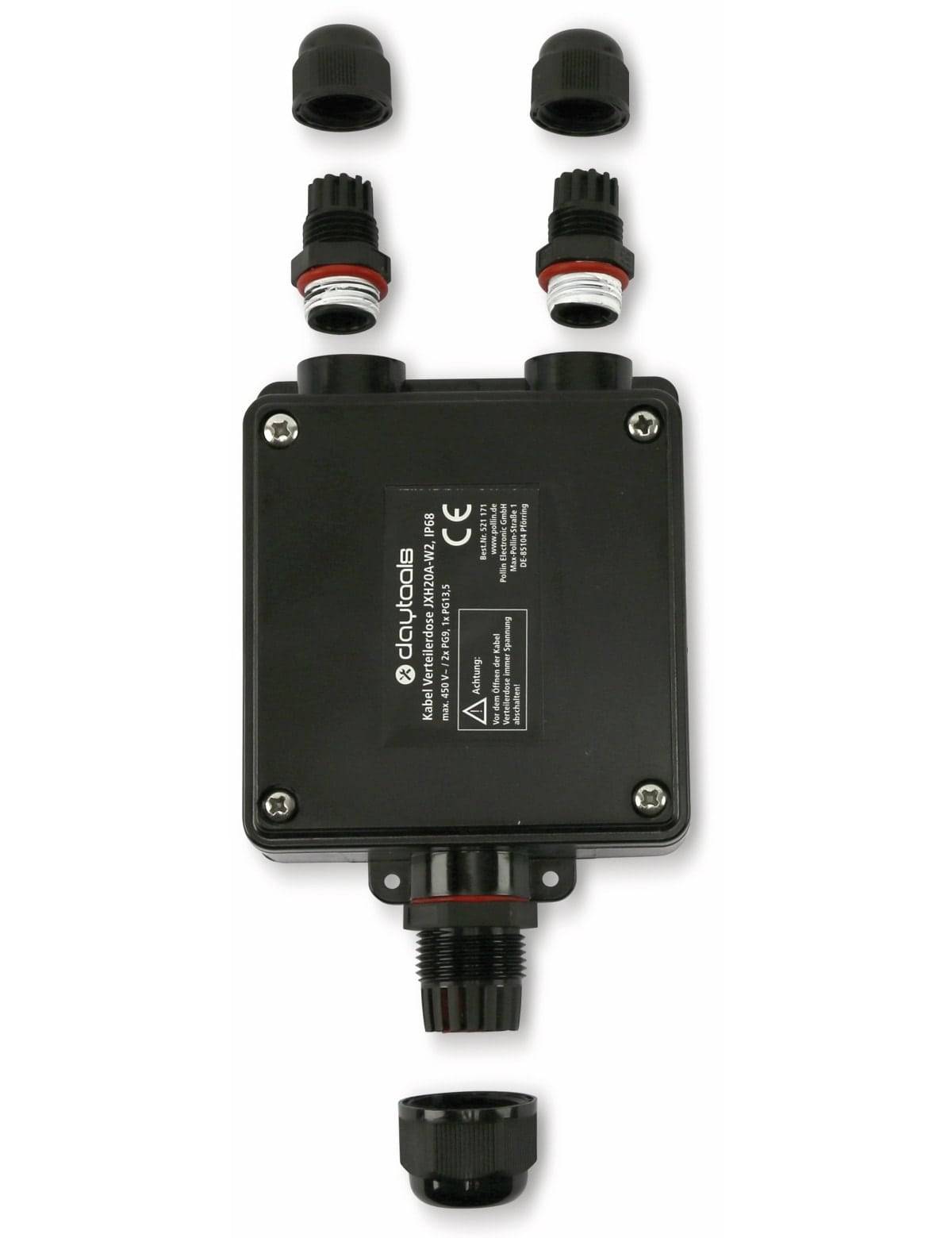 Eine schwarze Anschlussdose mit schützenden Kabelverbindern, mit der Bezeichnung „ACQUOS