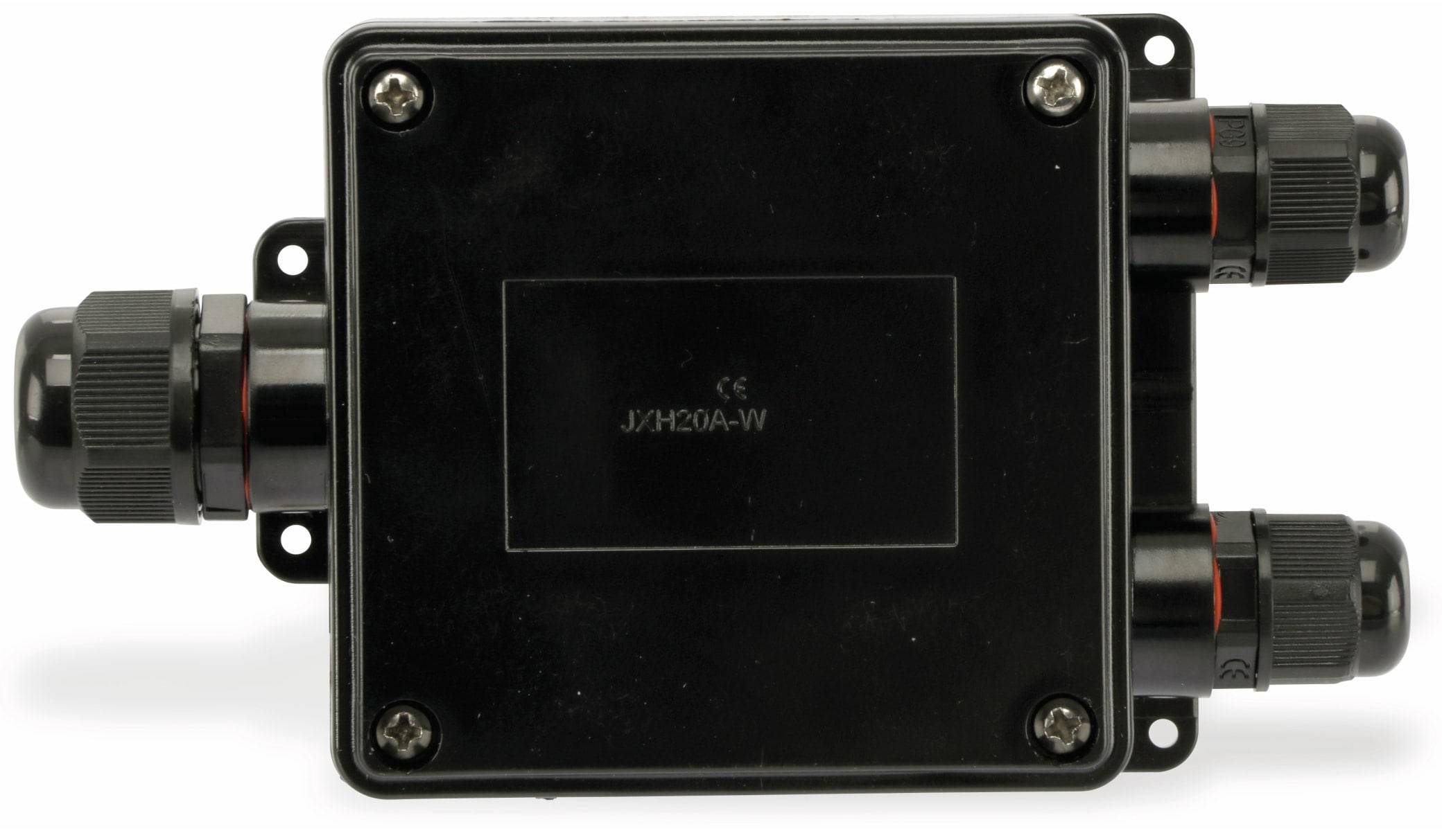 Ein schwarzes rechteckiges elektronisches Gerät mit vier Schrauben an den Ecken, beschriftet mit 