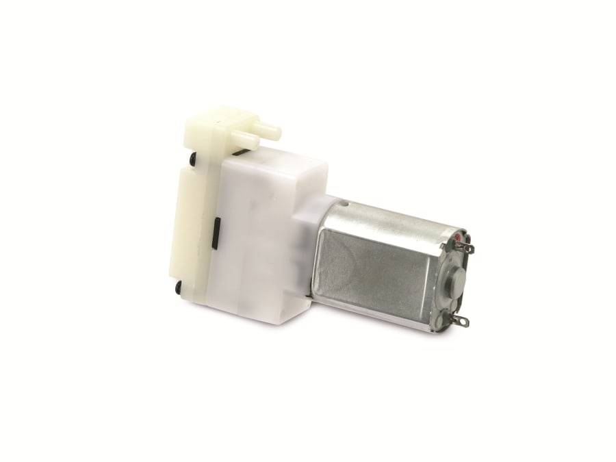 Ein kleiner Elektromotor mit weißem Kunststoffgehäuse und Metallverkleidung, der in verschiedenen kleinen elektronischen Geräten verwendet wird.