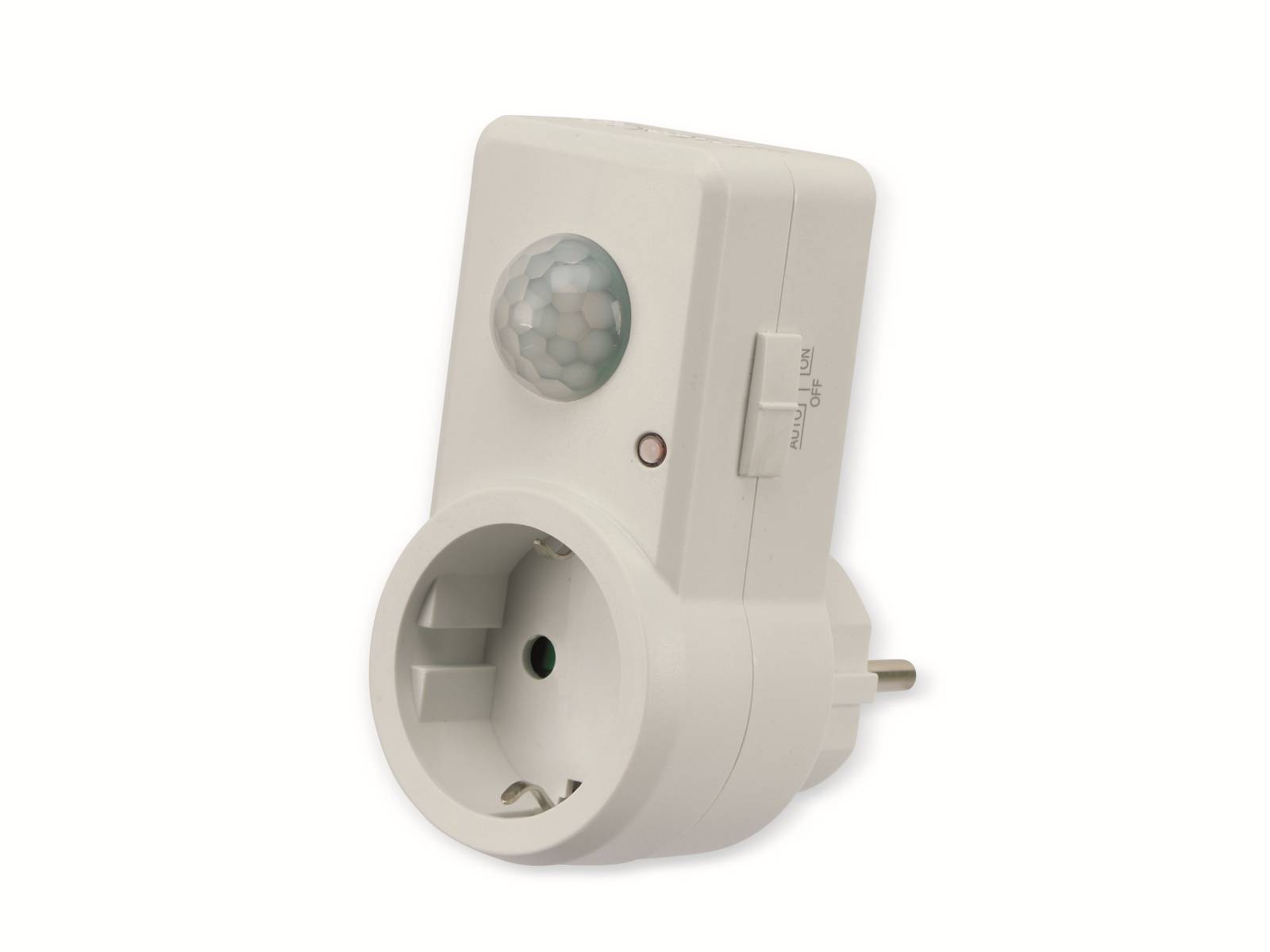 Ein weißer Bewegungsmelder-Stecker mit europäischem Steckerdesign, mit einem Infrarotsensor oben und einem Schalter an der Seite.