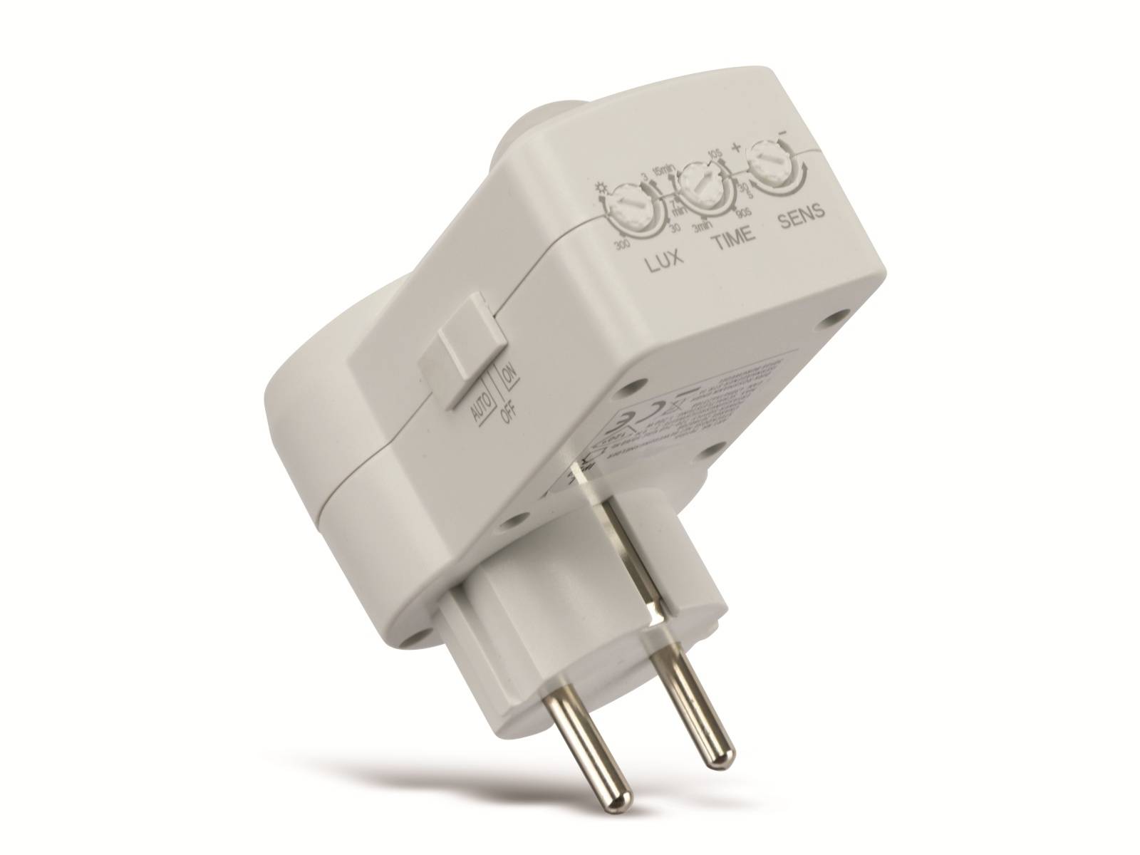 Ein weißer Stromstecker mit verstellbaren Reglern mit den Bezeichnungen „LUX