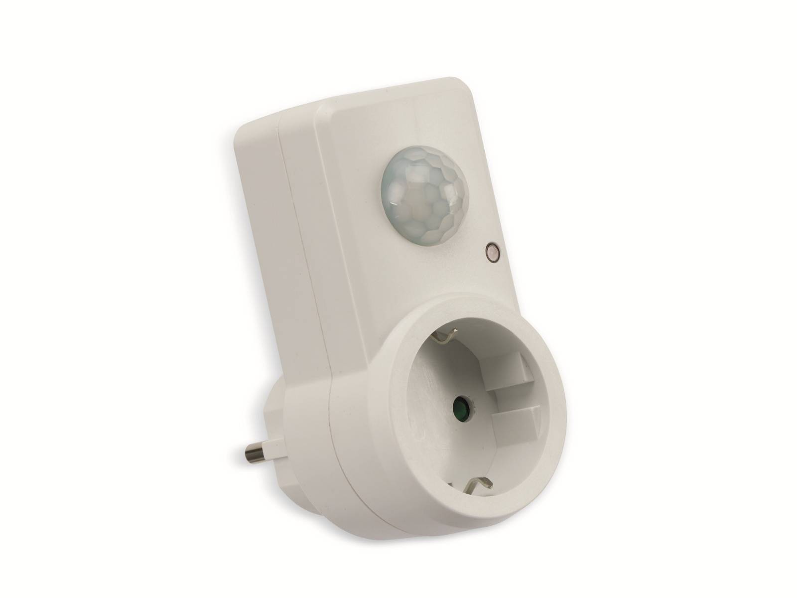 Ein weißes Bewegungsmelder-Steckdosenmodul mit einem runden Sensor oben und einer Steckdose unten, konzipiert zur automatischen Lichtsteuerung.