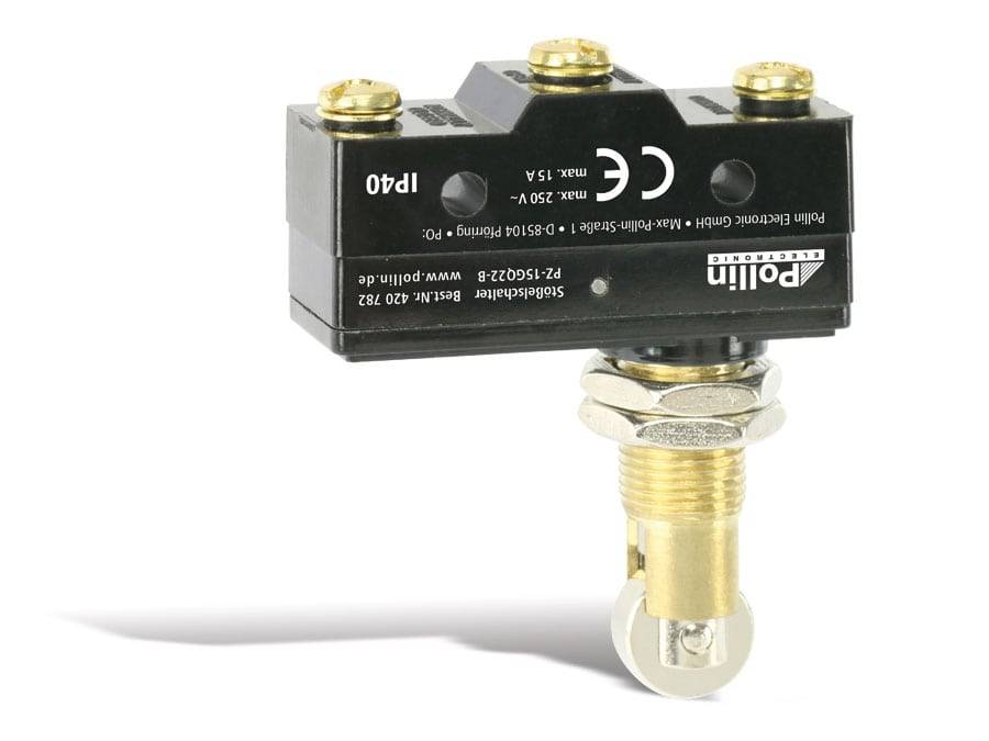 Ein 'Rolin' Grenzsschalter mit Metallrolle und schwarzem Gehäuse, gekennzeichnet mit 'IP40' und CE-Zeichen für elektronische Steueranwendungen.