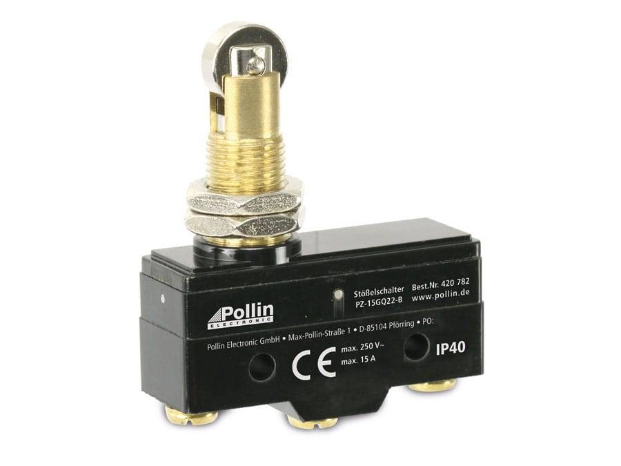 Ein schwarzer und silberner Endschalter mit Druckknopf, gekennzeichnet mit „Pollin