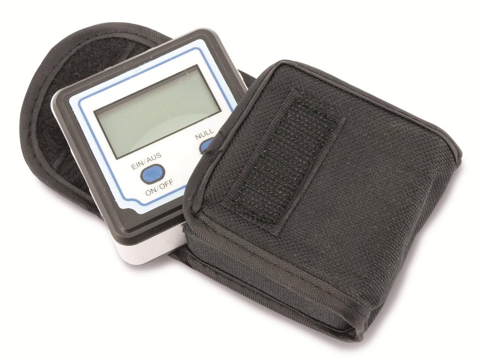 Digitales Neigungsmessgerät mit schützender schwarzer Schutzhülle, ausgestattet mit einer Ein-/Ausschalttaste und LCD-Bildschirm zur Winkelmessung.
