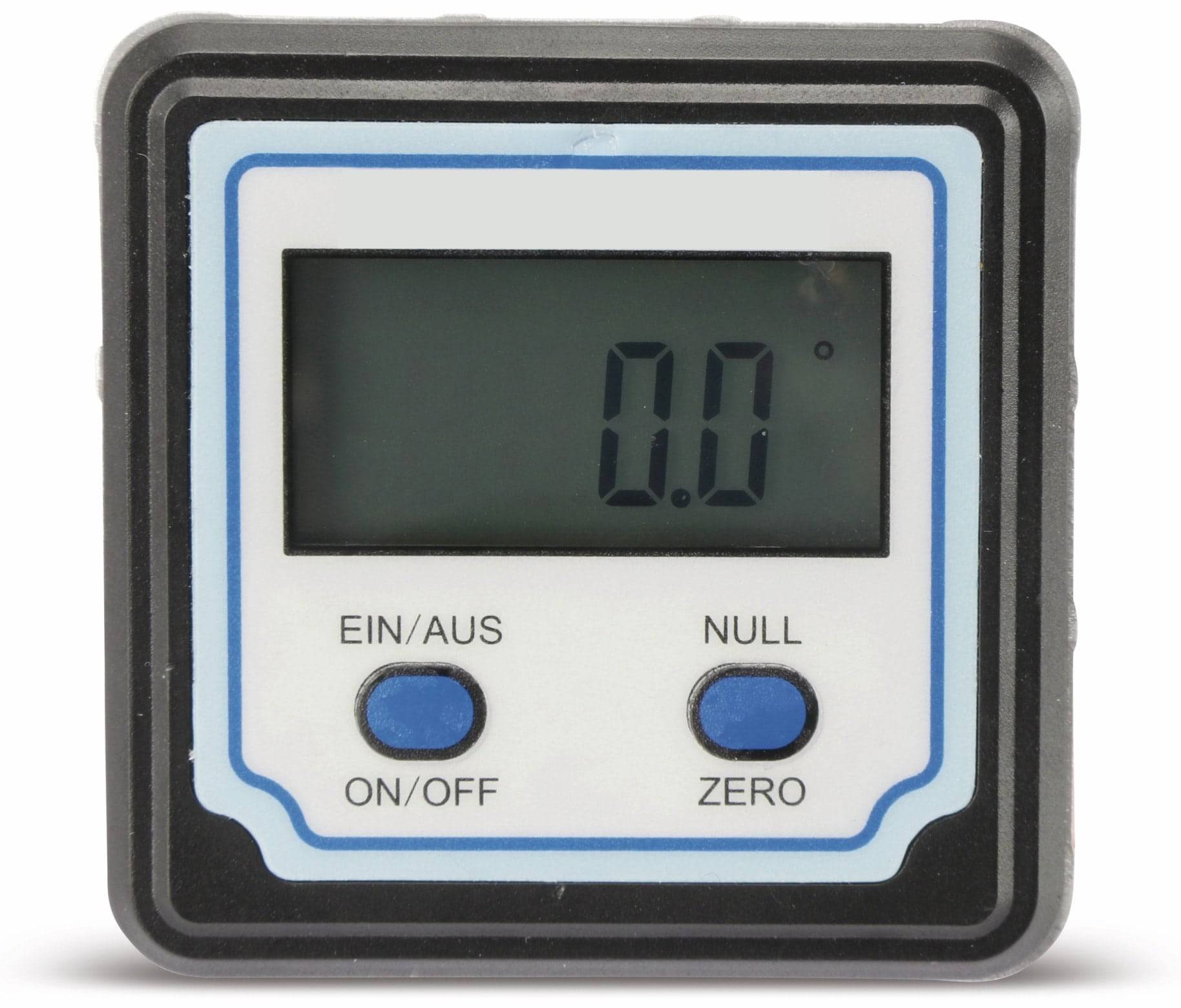 Ein digitales Neigungsmessgerät zeigt auf seinem Display „0,0°