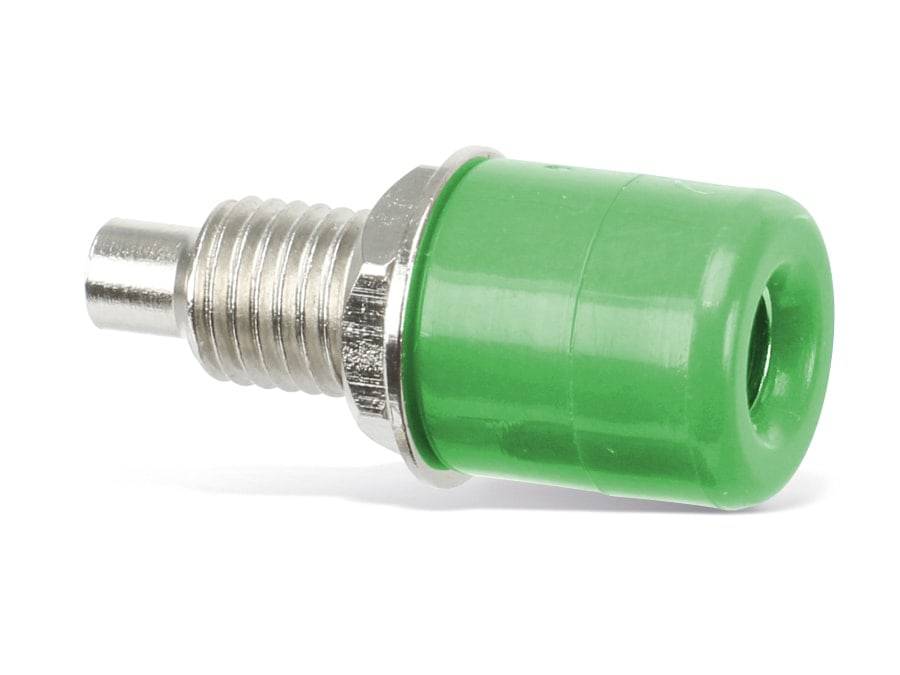 Eine grüne Reifenventilkappe, die an einem Metallventilschaft befestigt ist, wird zum Abdichten und Schützen des Reifenventils verwendet.