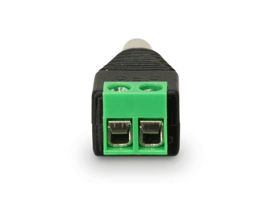 Ein schwarzer und grüner DC-Stromstecker mit zwei Schraubklemmen, verwendet zum Verbinden von Drähten mit einer Stromquelle.