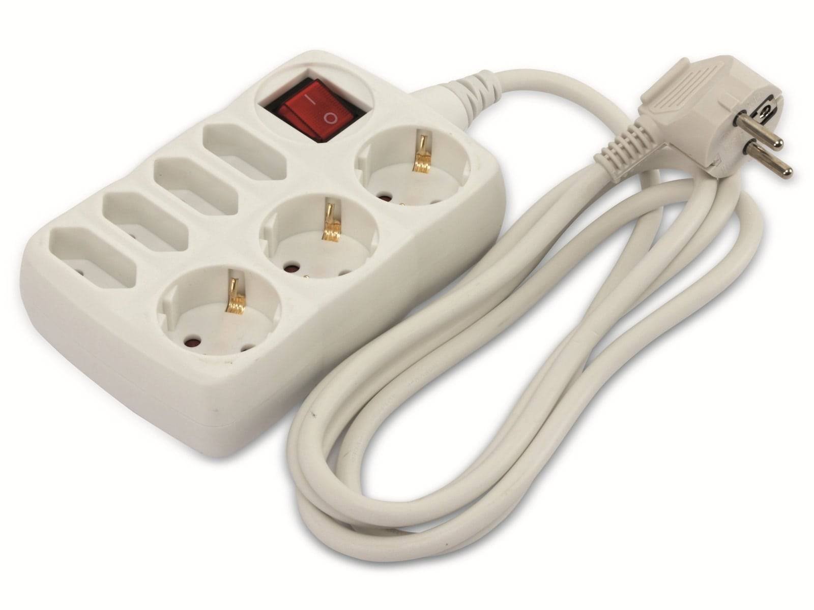 Eine dreifach-Steckdosenleiste mit einem roten Ein-/Ausschalter und einem langen weißen Kabel.