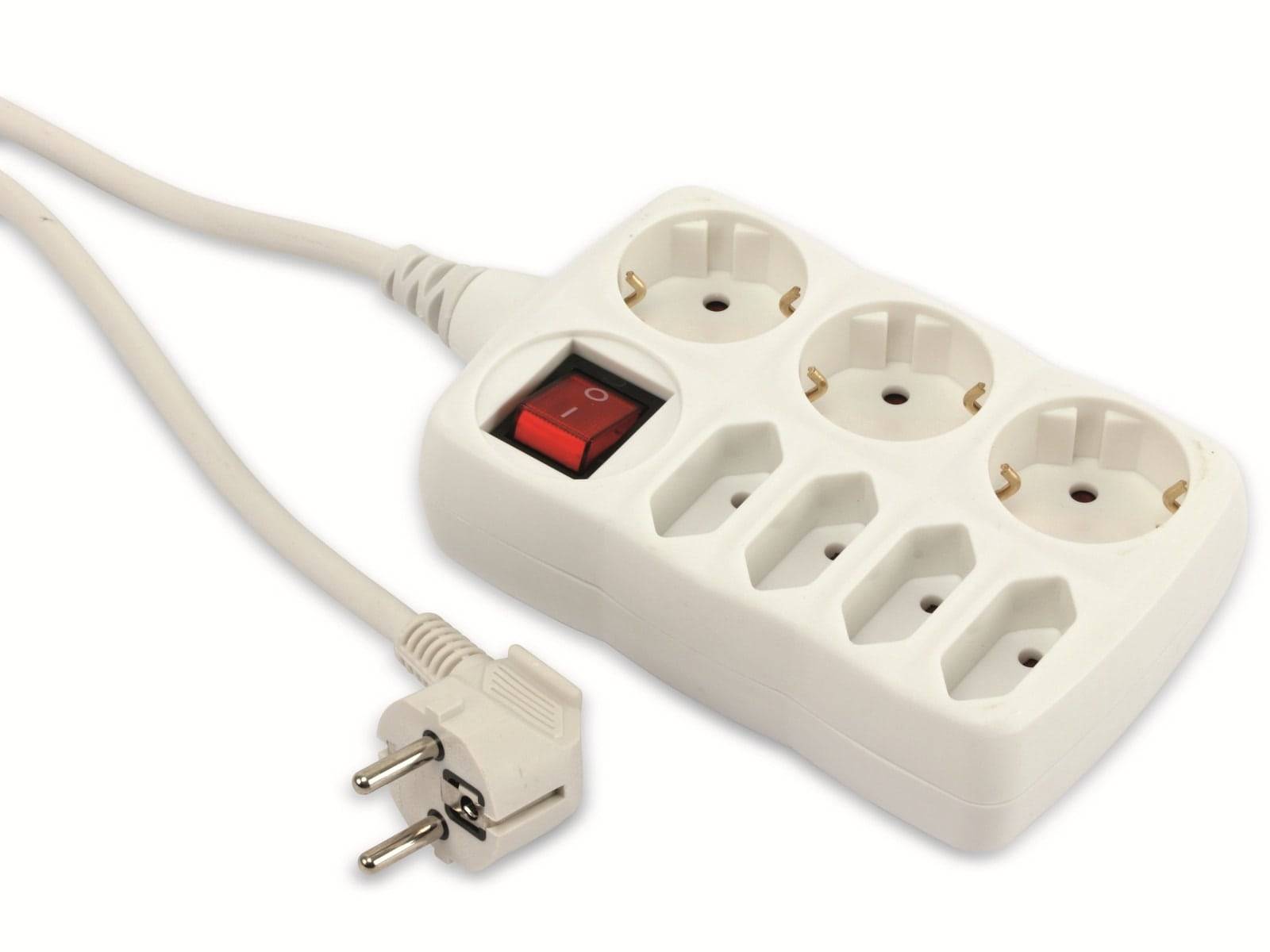 Eine weiße Steckerleiste mit vier Steckdosen und einem roten Ein-/Ausschalter, die mit einem Stromstecker verbunden ist.
