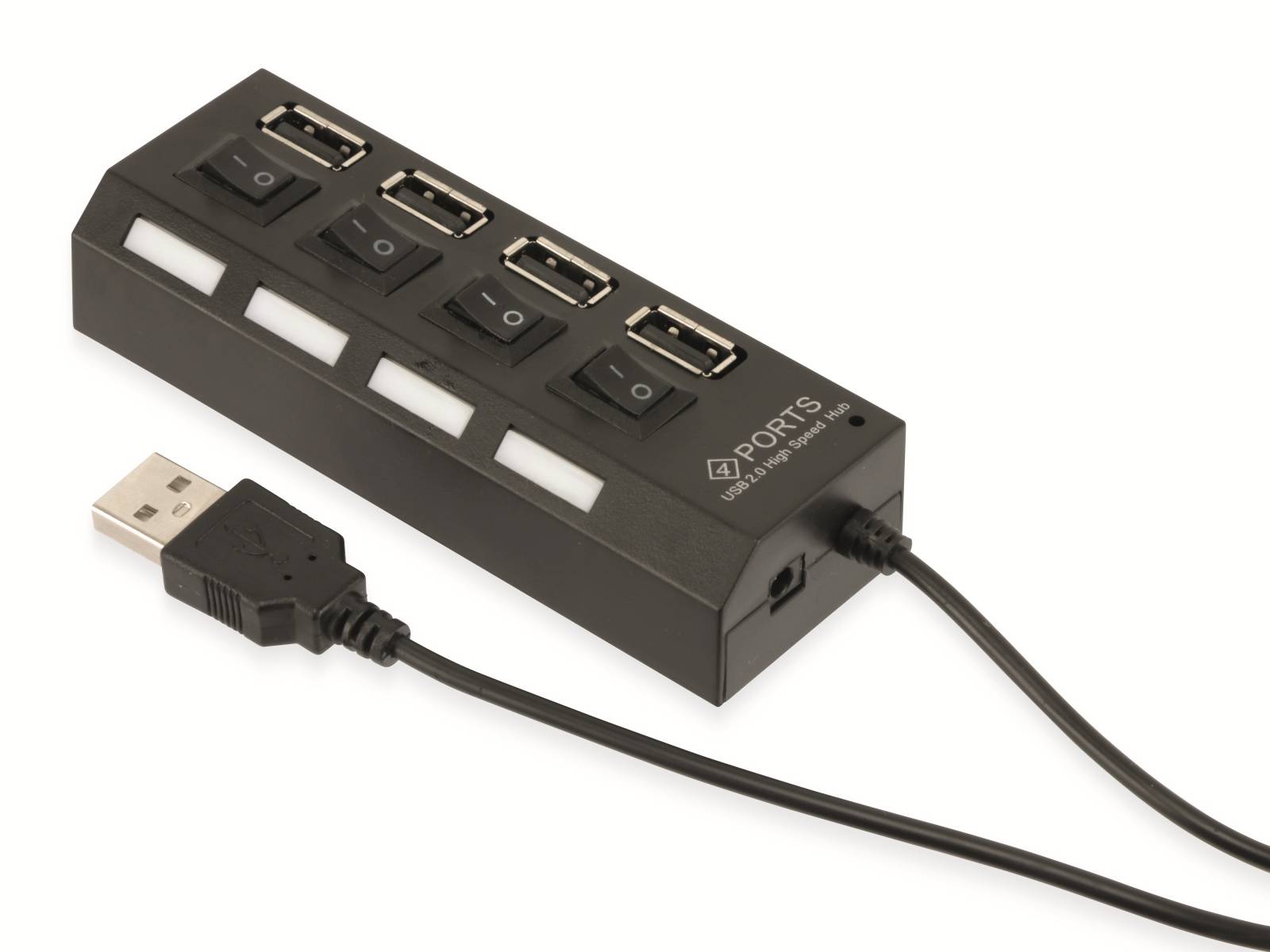 Ein schwarzer USB-Hub mit vier Anschlüssen, jeder mit einem individuellen Stromschalter und LED-Anzeige, verbunden mit einem Computer über ein USB-Kabel.