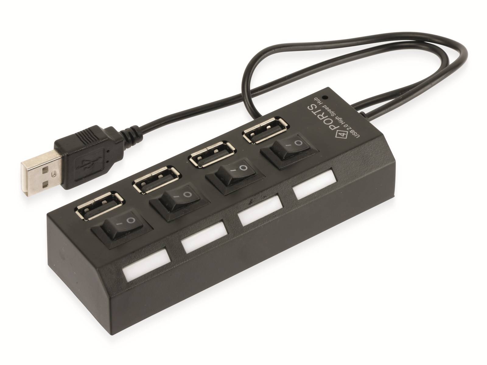 Ein schwarzer USB-Hub mit vier Anschlüssen, jeder mit einem individuellen Schalter, verbunden mit einem USB-Kabel.