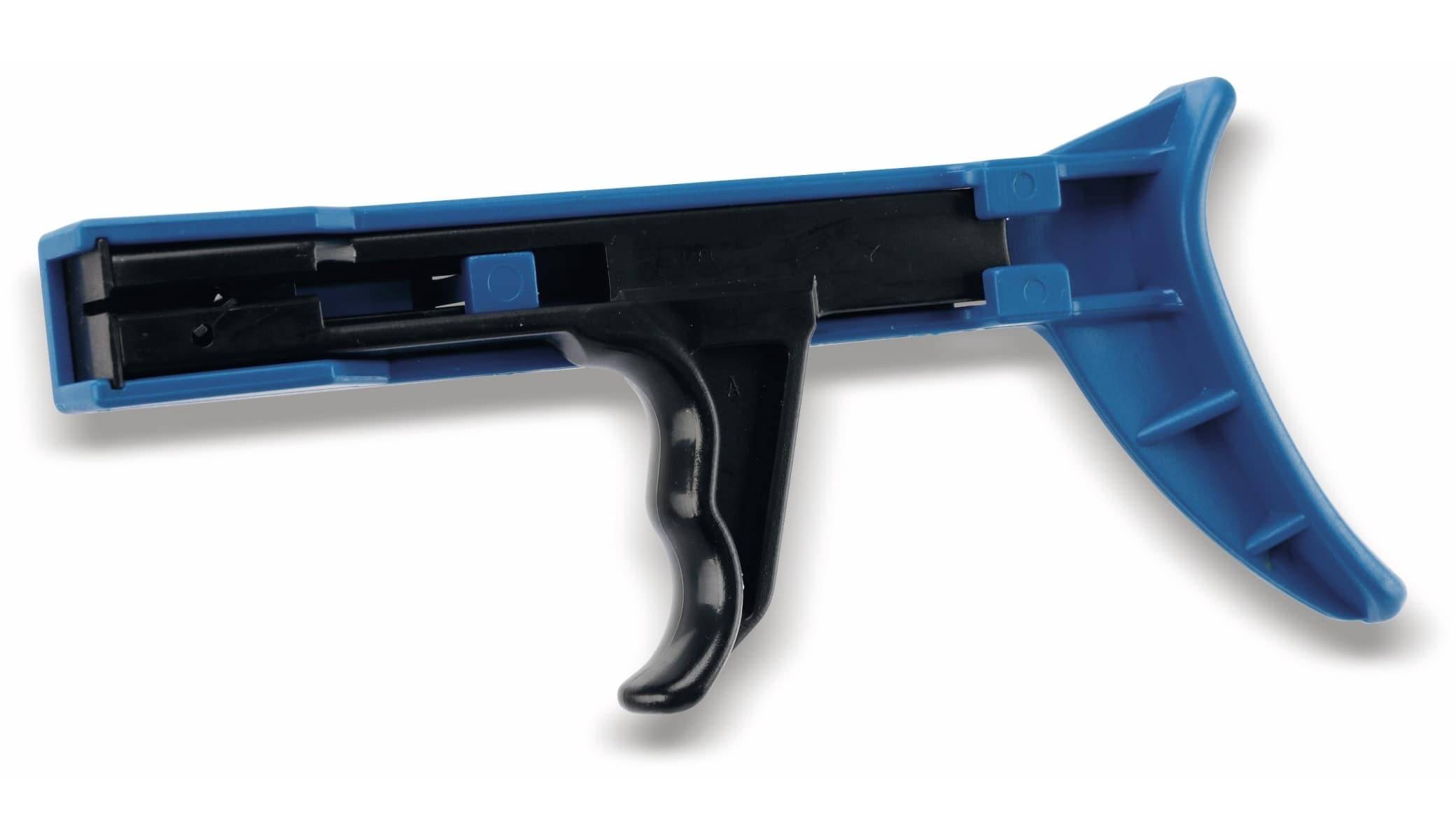 Ein blauer Pinsel mit langem Griff und schwarzem Abzug, wahrscheinlich zum Reinigen.