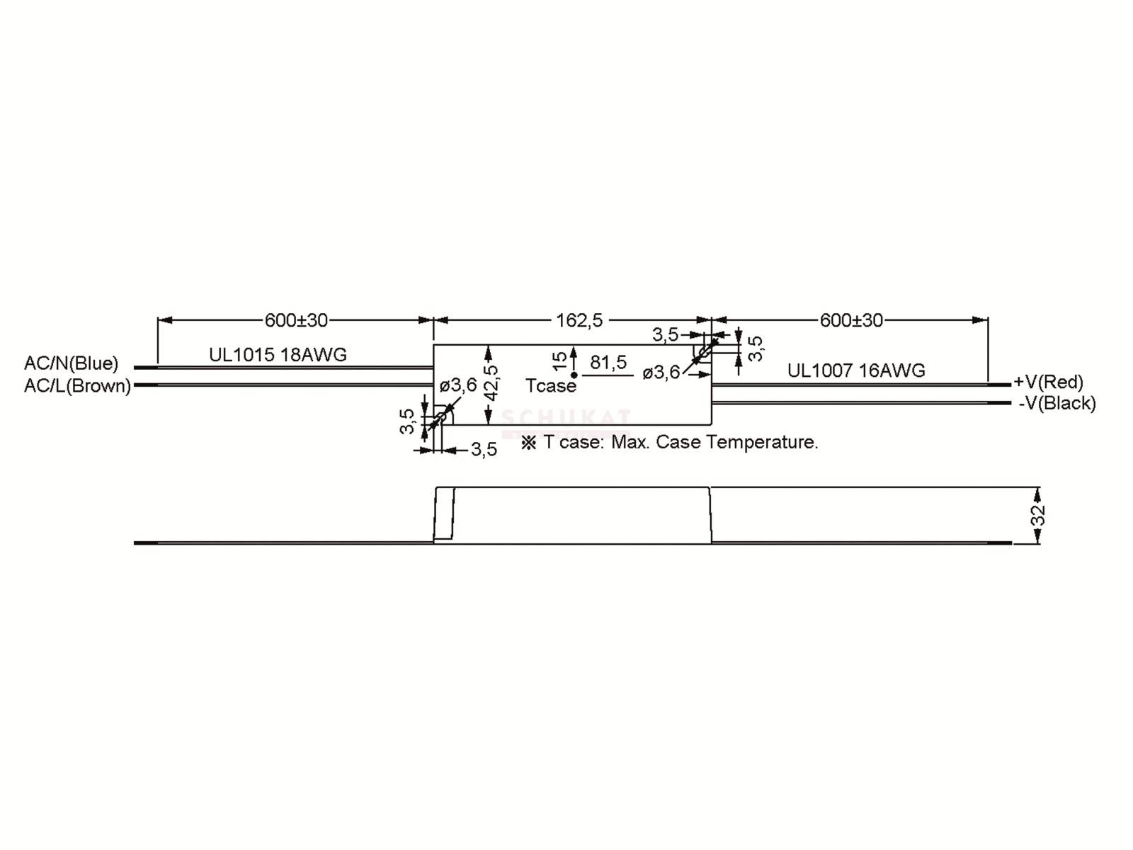 Technische Zeichnung mit Abmessungen einer elektronischen Komponente, mit angegebenen Maßen von 630 mm und 162,5 mm, gekennzeichnet mit „UL1015 18AWG