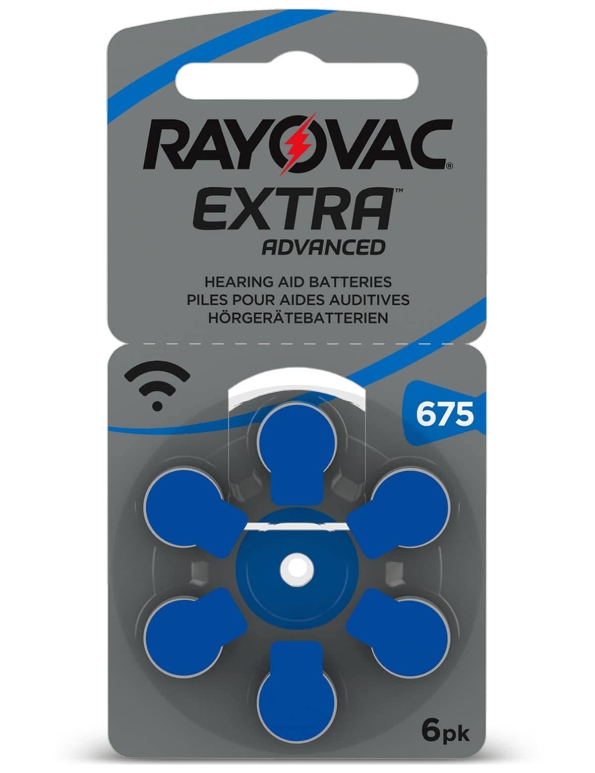 Rayovac Extra Advanced Verpackung für Hörgerätebatterien, Größe 675. Die Karte zeigt fünf runde Batterien mit blauen Registern.