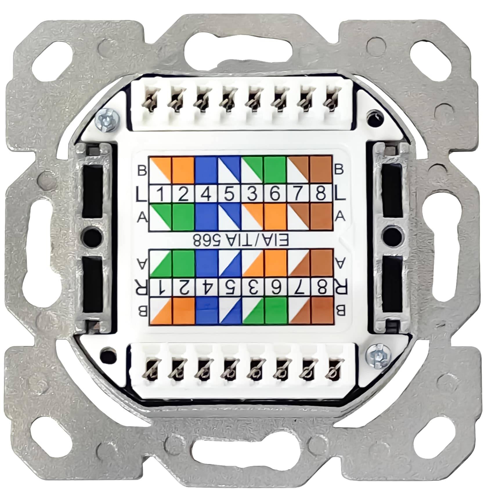 Netzwerk-Steckdosenschild mit Verdrahtungsfarbcodes mit den Bezeichnungen L und R.