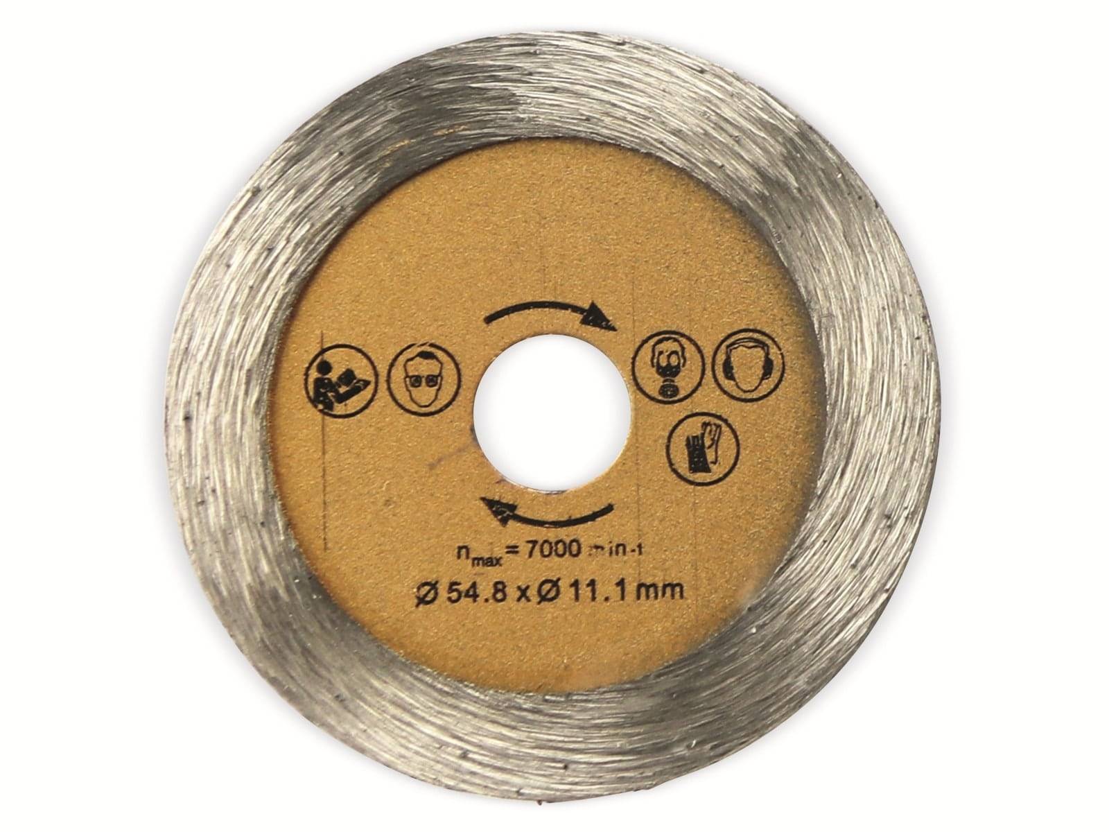 Silbernes kreisförmiges Sägeblatt mit Symbolen für Schutzbrille und Handschuhe. Durchmesser: 54,8 mm. Maximalgeschwindigkeit: 7000 U/min.