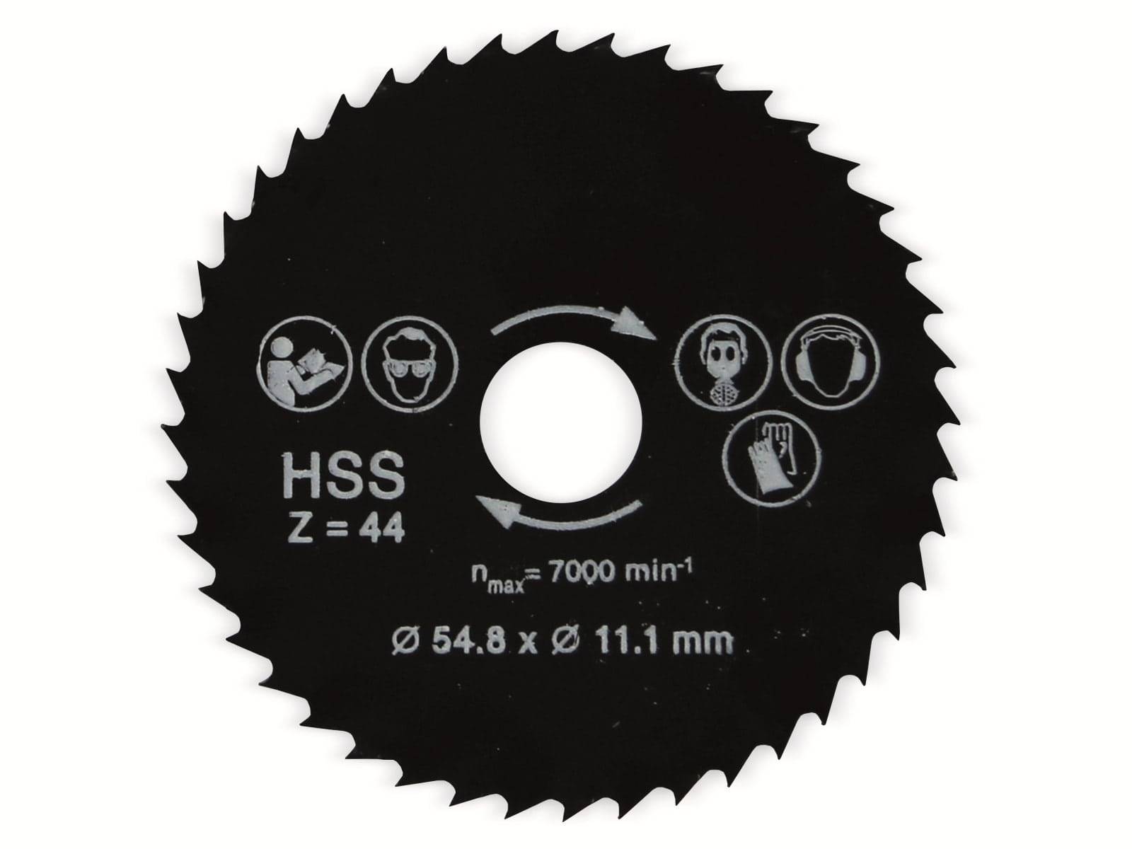 Ein rundes Sägeblatt mit Sicherheitssymbolen für Schutzbrille, Maske, Gehörschutz und Handschuhe. Text: „HSS Z = 44, ⌀ 54,8 × ⌀ 11,1 mm, n_max = 7000 min⁻¹