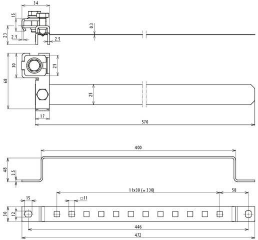 Eine technische Zeichnung eines mechanischen Bauteils, die Abmessungen und Messungen zeigt, einschließlich Länge, Breite und Dicke mit spezifischen numerischen Werten.