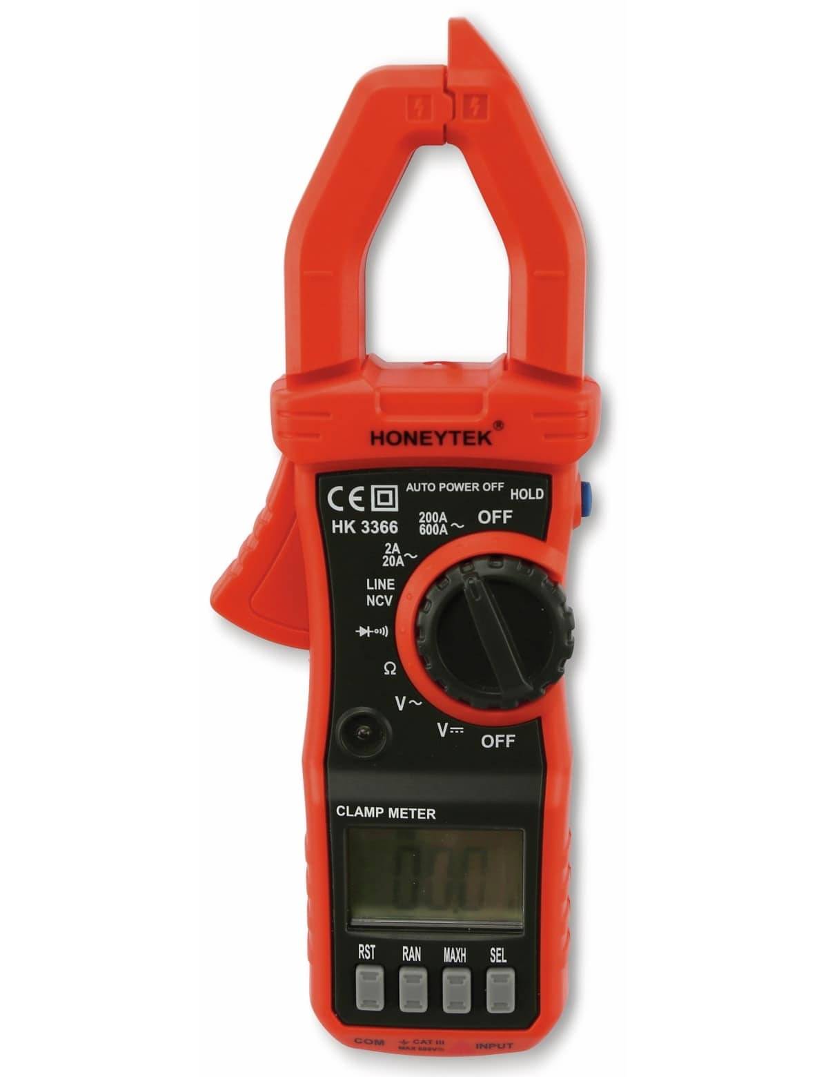 Ein rotes Zangenmultimeter der Marke „Honeytek