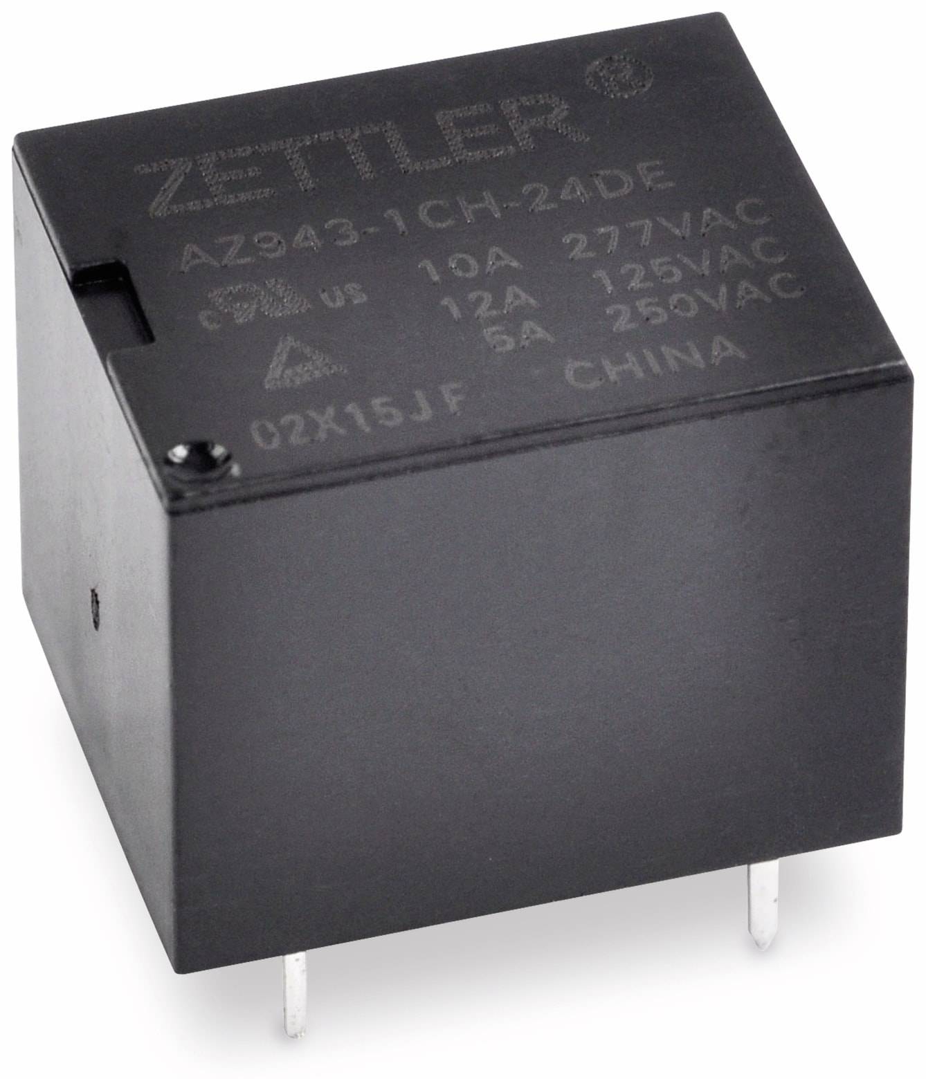 Ein schwarzes elektrisches Relais mit Markierungen: 'ZETTLER', 'AZ943-1CH-24DE', 12A, 277VAC, 15A, 125VAC, 5V, 'CHINA'. Verfügt über drei Metallklemmen.