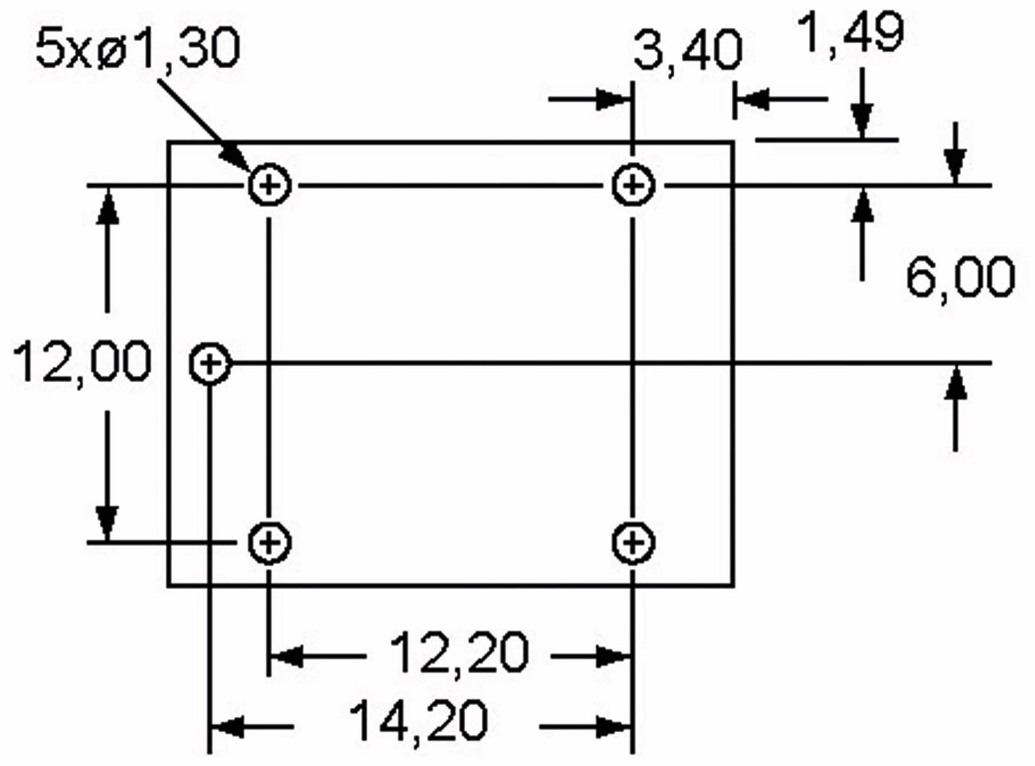 Technisches Diagramm mit einem Rechteck und sich schneidenden Linien sowie Abmessungen. Das Rechteck misst 12,20 mal 14,20 Einheiten, mit kleineren Anmerkungen von 1,30 und 1,49 Einheiten.