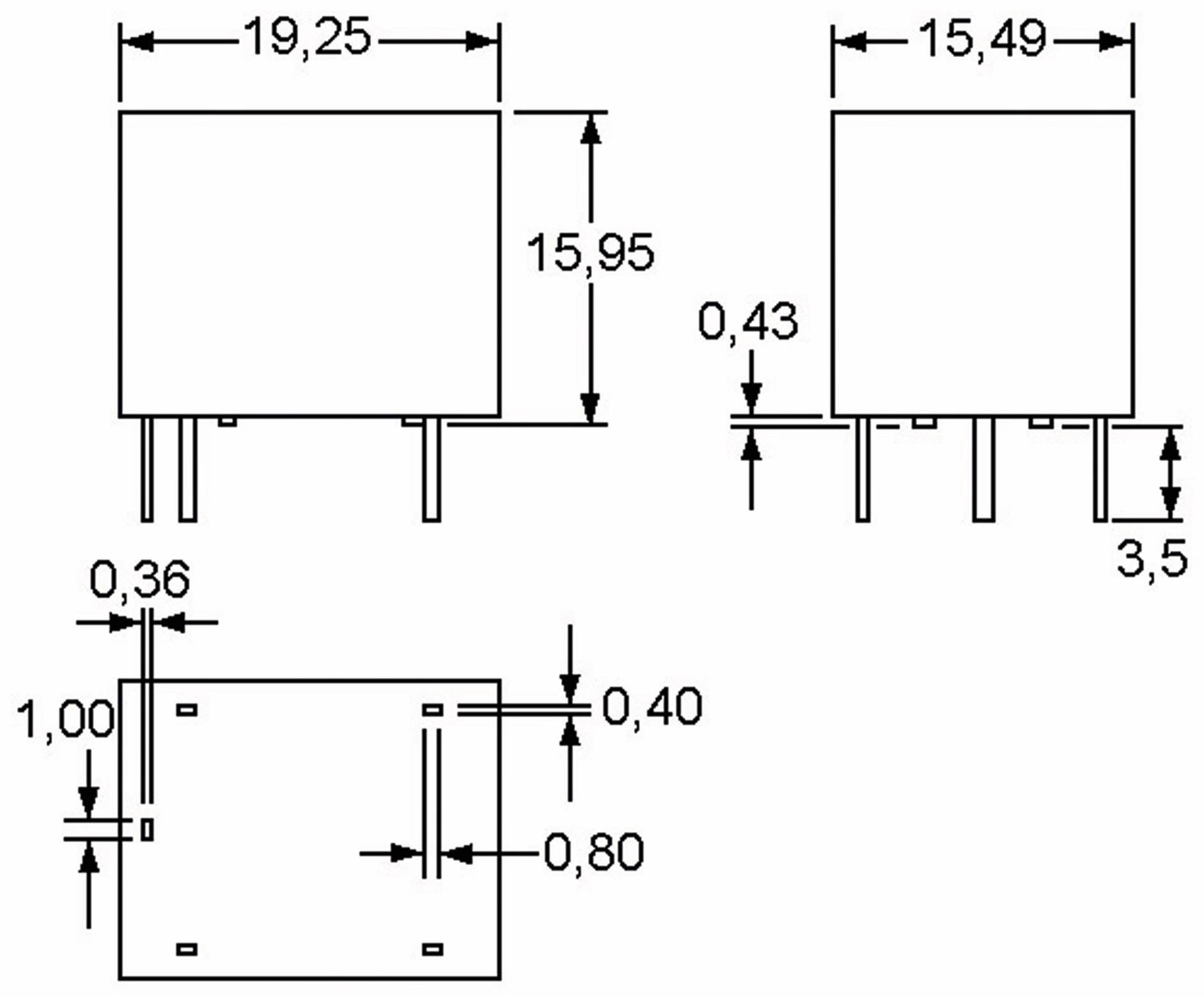 Diagramm mit den Abmessungen von zwei elektronischen Komponenten, beide rechteckig mit Anschlüssen. Links: 19,25x15,95mm. Rechts: 15,49mm breit.